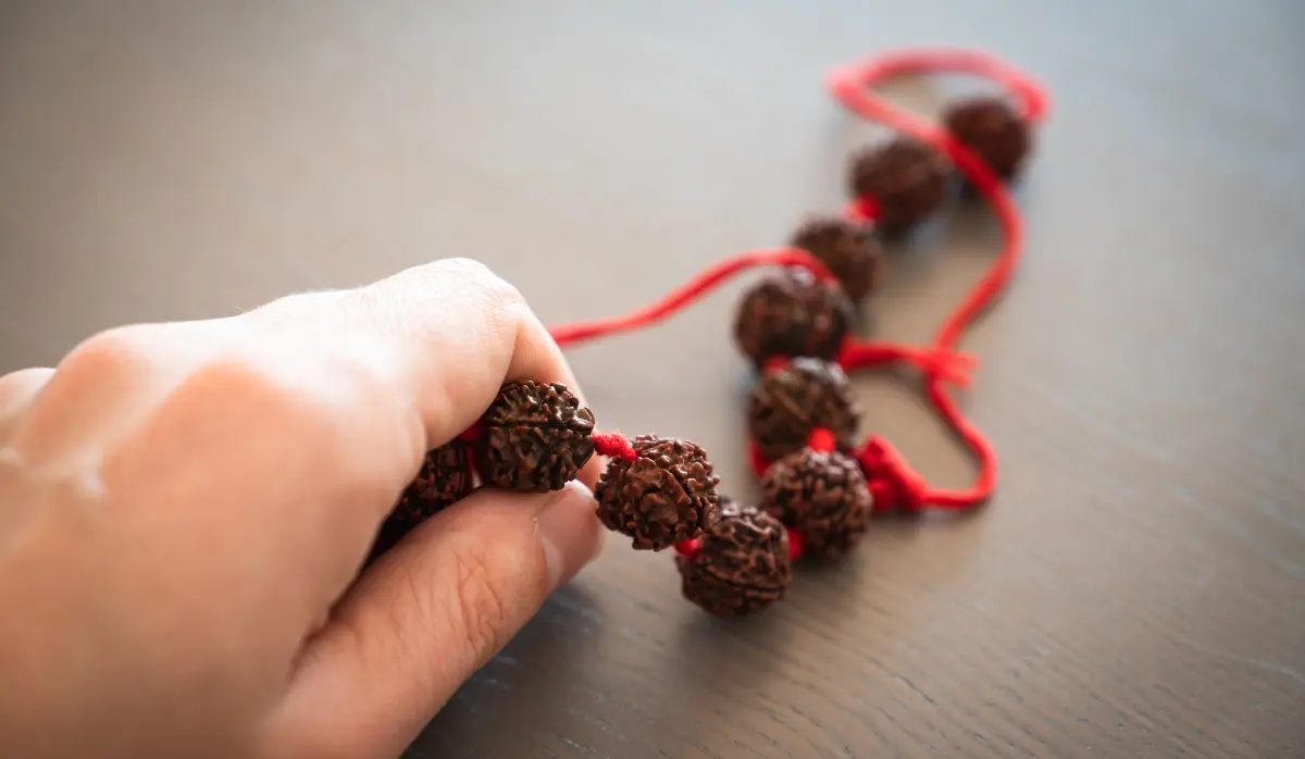 an image of a hand holding a rudraksha mala